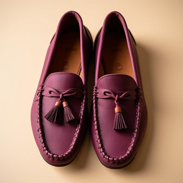 Mocasín castellano de piel en un intenso color burdeos, con borlas y costuras decorativas.